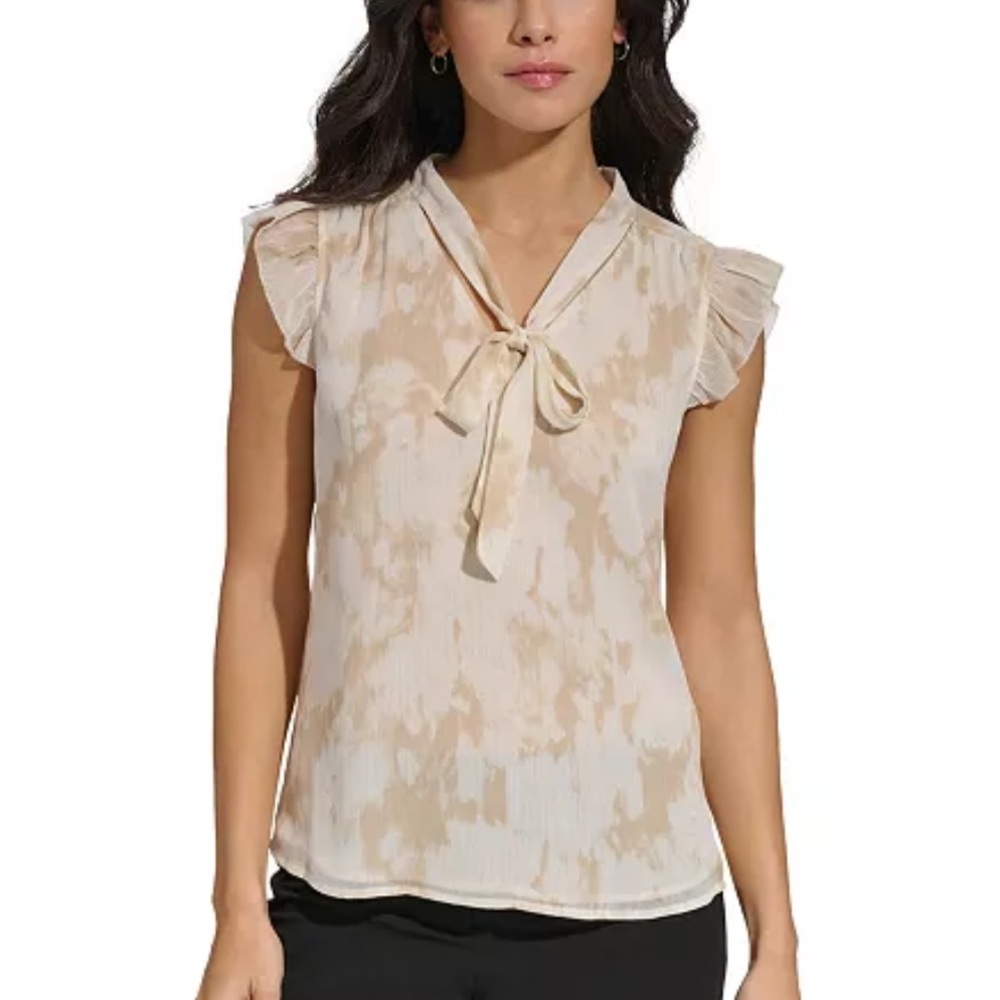 Calvin Klein Cream Cap Sleeve Tie Front Blouse